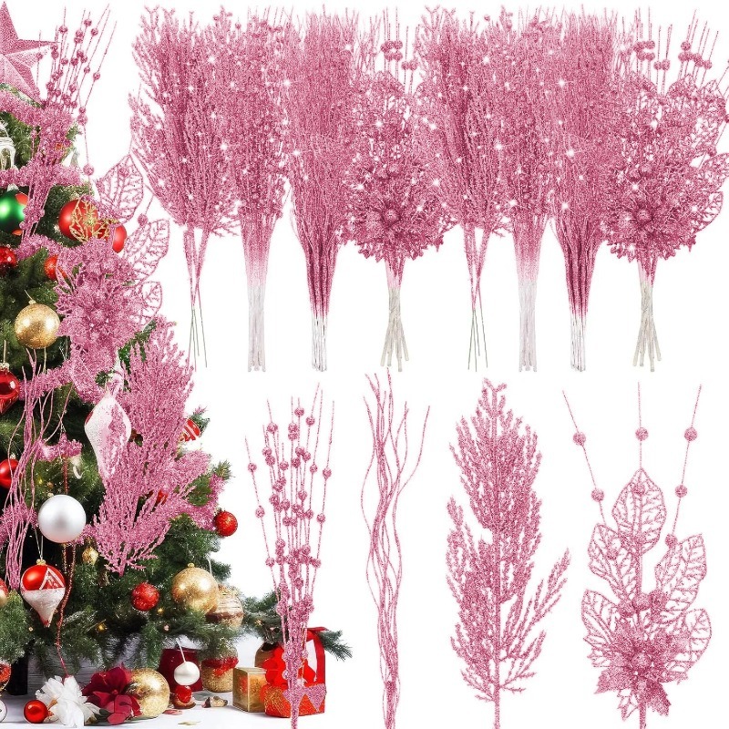 Florist Supply Bulk - ของตกแต่งต้นคริสต์มาสสีชมพู 12 ชิ้น ก้านประดับกลิตเตอร์เทียม สำหรับแขวนตกแต่งต้นคริสต์มาส ผลเบอร์รี่
